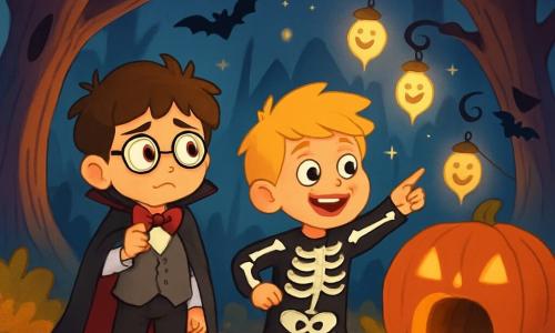 Il y a deux personnages principaux : Tim, un garçon de 8 ans avec des cheveux bruns en bataille et des lunettes rondes, portant un costume de vampire maladroit avec une cape trop grande, se tient en retrait, inquiet. Léo, également âgé de 8 ans, a des cheveux blonds et un grand sourire, déguisé en squelette avec un costume noir orné de motifs blancs, se tient devant Tim, pointant vers un chemin illuminé par des lanternes fantômes, enthousiaste. L'action se déroule dans la Forêt Enchantée du Parc des Sorciers, sous un ciel étoilé, avec des arbres tordus, des feuilles dorées et orange au sol, et des chauves-souris volant autour de lanternes scintillantes. Au loin, une citrouille géante éclairée dégage une douce lumière orange. Tim et Léo hésitent devant trois chemins mystérieux, Tim montrant de la peur envers le tunnel dans la citrouille, tandis que Léo pointe vers le sentier lumineux, entouré de rires de fantômes.