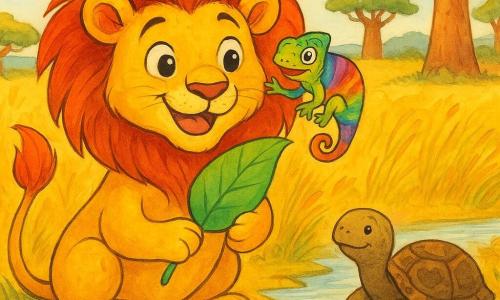 Jeune lion doré à la crinière flamboyante tenant une grande feuille verte, un petit gecko arc‑en‑ciel posé sur sa crinière souriant et levant la patte, une tortue sage près d'un ruisseau argenté, le tout dans une clairière de savane aux hautes herbes, baobabs, papillons et fleurs, éclairage matinal doux aux tons chauds, style encre lavis lumineux, plan moyen centrant les personnages avec profondeur.