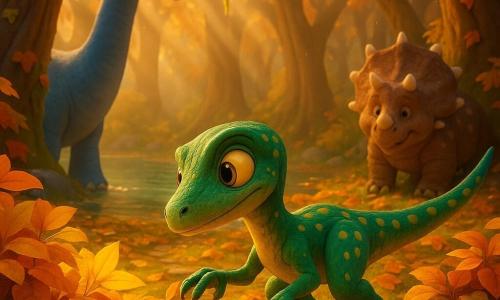 Un jeune vélociraptor vif et mince aux plumes vert émeraude tachées de jaune, yeux grands et curieux, souriant doucement, s'accroupit pour écarter des feuilles dorées et découvre une petite piste de pierres plates couvertes de mousse et de pétales lumineux; il a une expression émerveillée et courageuse, posture alerte, queue équilibrée, pattes prêtes à bondir. À l'arrière, Grodo, un grand diplodocus bleu-gris au cou long courbé, veille depuis le bord d'un lac scintillant, visage bienveillant, et Dino, un vieux tricératops corpulent à peau brune tachetée et cornes courtes, sourit en attendant à l'entrée de la forêt. La forêt chantante présente des arbres hauts aux troncs torsadés, feuilles or et rouge, lianes tombantes et rayons de soleil en faisceaux dorés; ambiance magique et chaleureuse, couleurs saturées, contrastes doux, textures lisses et léger flou de profondeur pour un rendu accueillant et enfantin.