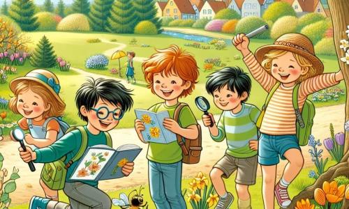 Dans un parc ensoleillé de Fleuriville, cinq enfants jouent ensemble. Julien, 10 ans, sourit avec sa canne légère en observant les fleurs. Émilie, 9 ans, dessine des fleurs colorées. Lucas, 8 ans, examine des fourmis avec une loupe. Sarah, 9 ans, imite le bourdonnement des abeilles en riant. Tom, 7 ans, propose de construire un fort en branches. Le parc, rempli de fleurs éclatantes et d'arbres majestueux, offre une douce ombre sous un ciel bleu parsemé de nuages. Les enfants participent à une chasse aux trésors de printemps, découvrant la nature tout en partageant des moments de complicité.