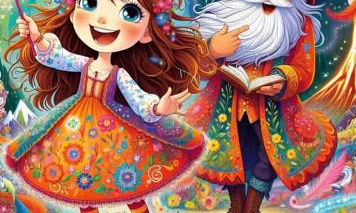 Lina, une fille de 8 ans aux cheveux châtains en désordre et aux yeux pétillants, se tient au centre de l'image, souriante. Elle porte une robe colorée à motifs floraux et tient une baguette magique scintillante, la Baguette-Miette. À ses côtés, Maître Plume, un homme âgé à la barbe blanche et au manteau de plumes colorées, sourit en tenant un livre ouvert. En arrière-plan, un volcan coloré fume doucement et émet des bulles parfumées. Le sol est couvert de fleurs éclatantes et de plumes. La scène est joyeuse et magique, avec Lina et Maître Plume chantant ensemble, entourés de plumes et de notes de musique scintillantes.