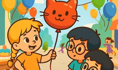 Un petit garçon de 4 ans, Max, avec des cheveux bruns en bataille et un sourire émerveillé, tient un ballon rouge en forme de chat. À ses côtés, Léa, une fille de 5 ans aux cheveux blonds tressés, regarde le ballon avec curiosité. Sami, un garçon de 4 ans avec des lunettes et des cheveux noirs, se penche pour mieux voir le dessin sur le ballon. La scène se déroule dans une rue festive, décorée de ballons multicolores et de guirlandes scintillantes, où des enfants jouent et rient. Max, Léa et Sami se regroupent autour du ballon rouge, se demandant à qui il appartient et s'il cache un secret, l'air rempli de joie et d'excitation.