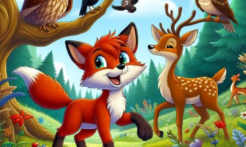 Un renard nommé Félix, avec une fourrure rousse et des yeux malicieux, se tient au centre de la clairière, affichant une expression déterminée. Il est entouré de fleurs colorées. À sa droite, Dame Hulotte, une chouette perchée sur une branche, observe avec bienveillance. À gauche, Siffleur, un merle joyeux, chante, tandis qu'une biche gracieuse nommée Flore se tient près de lui. La scène se déroule dans une forêt enchantée, où un ruisseau serpente à travers la clairière. Félix et ses amis se préparent à affronter un feu magique qui menace leur forêt, déterminés à restaurer l'harmonie.