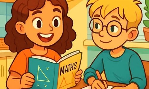 Léa, 12 ans, a de grands yeux brillants et des cheveux châtains bouclés. Elle sourit avec confiance en tenant un livre de maths ouvert. Assise à une table en bois, elle est entourée de feuilles colorées et de crayons. À côté d'elle, Tom, également 12 ans, a des cheveux blonds en bataille et des lunettes. Il admire Léa tout en prenant des notes. La scène se déroule dans une cuisine chaleureuse aux murs jaunes, avec une lumière du soleil et des odeurs de pizza. Léa et Tom révisent ensemble, partageant rires et encouragements dans une ambiance joyeuse.