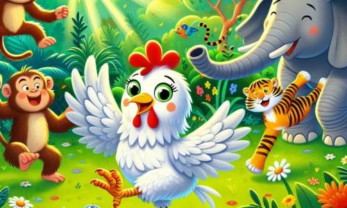 Une poule joyeuse nommée Pipa, avec des plumes blanches et un petit bec orange, danse dans la jungle, ses yeux pétillants de bonheur. À côté, un singe espiègle avec un pelage brun fait des grimaces en tenant une banane. Un tigre aux rayures orange vif et noir, souriant, tourne en rond en balançant sa queue. En arrière-plan, un éléphant gris aux grandes oreilles joue avec des jeux colorés. La scène se déroule dans une jungle luxuriante, remplie de feuillages verts, de fleurs colorées et de rayons de soleil. Les animaux se rassemblent pour une fête joyeuse, dansant et jouant ensemble, entourés de rires.