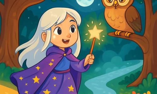 Eldoria, une jeune mage de douze ans aux longs cheveux d'argent, se tient au centre de la scène, déterminée. Elle porte une cape violette ornée d'étoiles dorées et tient une baguette magique lumineuse. À côté d'elle, un hibou sage aux plumes brunes se perche sur une branche, prêt à lui donner des conseils. Le décor est une forêt enchantée éclairée par la lune, entourée d'arbres majestueux aux feuilles brillantes. Trois sentiers s'étendent devant elle : un scintillant d'or, un enveloppé de brouillard argenté, et un parsemé de fleurs colorées. Eldoria, hésitante mais résolue, est prête à choisir son chemin pour trouver l'artefact magique qui sauvera son royaume.