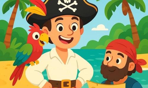 Un homme, le Capitaine Loup, se tient sur le rivage d'une île mystérieuse, visiblement excité par l'aventure. Il porte un chapeau de pirate orné de plumes, une chemise blanche et un pantalon rayé. À ses côtés, un perroquet coloré est perché sur son épaule. Un matelot, avec une barbe et un bandana, observe une carte au trésor. Le décor est une plage dorée entourée de palmiers et de rochers, avec une mer turquoise. Ils découvrent l'île secrète, prêts à résoudre les énigmes pour accéder au trésor caché, l'excitation et l'esprit d'aventure flottant dans l'air.