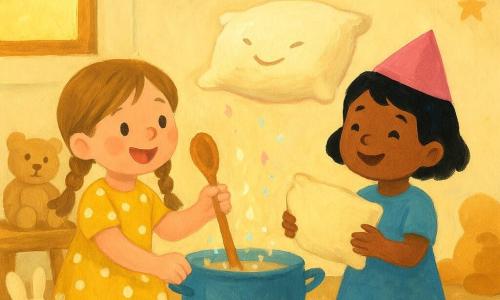 Deux fillettes — Zoé (≈6 ans) aux nattes châtain clair et robe jaune à pois blancs, assise à gauche d’un petit tapis rond, remuant une grande cuillère en bois légèrement dorée — et Lila (≈5 ans) aux cheveux noirs courts et chapeau en papier rose de travers, en robe bleue, à droite du tapis tenant un coussin crème qui flotte au‑dessus de ses mains — dans un salon bas et chaleureux (tapis rouge-orangé, petite table en bois clair, murs crème avec étoiles peintes, peluches, lumière douce de fin d’après-midi, textures gouache), préparent une soupe magique de doudous : cuillère scintillante, étincelles pastel, coussin souriant lévitant, ambiance fantaisiste, couleurs vives et formes rondes.
