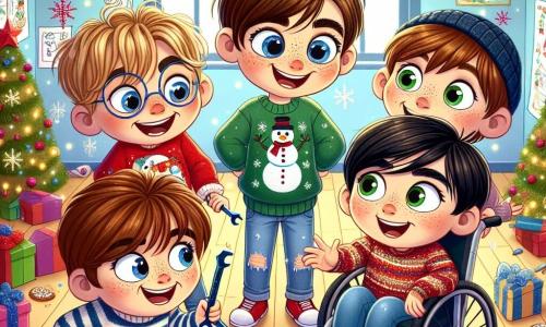 Dans une salle de classe festive, quatre garçons sont au centre, entourés de décorations de Noël. Tom, 7 ans, a des cheveux blonds et porte un pull rouge avec un bonhomme de neige. Lucas, 7 ans, avec des cheveux bruns et des lunettes, est en t-shirt vert avec un sapin. Max, 8 ans en fauteuil roulant, a des cheveux châtains et un sweat bleu, tenant une boîte de cookies. Hugo, 7 ans, avec des cheveux noirs, porte un pull rayé et gesticule comme s'il racontait une histoire. La classe est décorée de guirlandes et d'un grand sapin scintillant. Les garçons réparent le traîneau du Père Noël avec enthousiasme, sous le regard admiratif d'un petit lutin en vert. L'atmosphère évoque la magie de Noël et l'amitié.