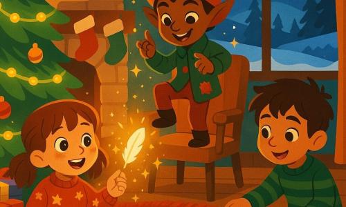 Trois personnages dans un salon de Noël cosy la nuit : Emma (environ 8 ans) à gauche devant le sapin, cheveux châtains en couettes, pull rouge à étoiles blanches, tenant une petite plume blanche entre pouce et index, visage émerveillé ; Lucas (environ 9 ans) à droite, accroupi près d'une boîte de décorations ouverte, cheveux bruns en bataille, pull vert à rayures, souriant en regardant la plume, main sur une boule dorée ; un lutin farceur, petit et vif, au centre sur un fauteuil en bois, chapeau pointu vert et rouge, veste rapiécée, oreilles légèrement pointues, sur la pointe des pieds en train de claquer des doigts, expression espiègle. Décor : grand sapin illuminé de guirlandes jaunes chaudes, cadeaux au pied, cheminée en pierre avec bas suspendus, fenêtre sur paysage enneigé, tapis rouge et petite table avec tasses de chocolat chaud. Situation : à minuit le lutin claque des doigts et une pluie d'étoiles dorées et paillettes tombe autour d'Emma et Lucas, la plume flotte au milieu des éclats, visages éclairés d'une lueur douce et chaleureuse, ambiance joyeuse et complice, couleurs saturées (verts sapin, rouges chauds, ors), style aux traits nets et formes rondes adapté à un livre jeunesse.