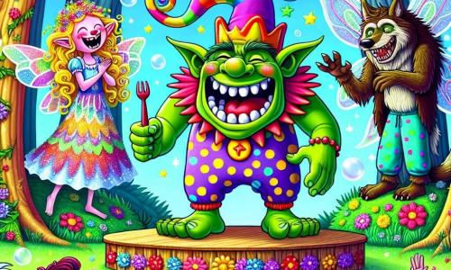 Un ogre joyeux nommé Grognon, avec une peau verte et des yeux malicieux, se tient sur scène en riant. Il porte un chapeau en bonbons et un grand sourire. À ses côtés, une fée aux ailes brillantes applaudit, tandis qu'un loup-garou en pyjama à pois rit en arrière-plan. La scène se déroule dans une clairière enchantée, entourée d'arbres colorés et de fleurs dansantes. Des créatures magiques, comme des trolls et des dragons, ajoutent à l'ambiance joyeuse. Grognon, sur une scène décorée, raconte ses blagues hilarantes, faisant rire tous les spectateurs.
