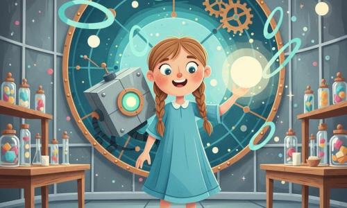 Fille de 10 ans au visage rond et taches de rousseur, cheveux châtain clair en deux nattes, robe bleu ciel et bottines en cuir usé, la main posée sur une sphère lumineuse; derrière elle, Zorak, petit robot gardien au corps en métal poli, joints cuivrés et œil vert, incliné comme pour la protéger; en arrière-plan la Machine‑Cosmos, grande structure circulaire en verre et métal aux rouages dorés, sphères flottantes et filaments d'énergie turquoise, le tout dans un laboratoire aux murs de verre fumé, étagères de bocaux, tables en bois et lueurs arc‑en‑ciel — scène intime et magique où la lumière de la sphère diffuse des rayons doux, mêlant science et émerveillement.