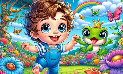 Léo, un petit garçon de 1 an aux grands yeux brillants et cheveux bouclés, sourit en sautant dans un jardin coloré rempli de fleurs. Il porte une salopette bleue et un t-shirt rayé, tenant une petite grenouille verte avec une couronne dorée sur la tête. Le jardin est magique, avec des fleurs géantes, des papillons et un ciel bleu. Léo et la grenouille, au centre de l'image, cherchent une couronne perdue, affichant des expressions de joie et d'excitation.