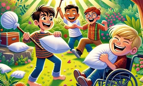 Dans un jardin ensoleillé, quatre amis se préparent pour une bataille de coussins. Maxime, 10 ans, est au centre avec un coussin comme bouclier. À sa droite, Lucas, 9 ans, rit en lançant un coussin. À gauche, Tom, 10 ans, fait une grimace en se préparant à lancer le sien. Hugo, 11 ans et en fauteuil roulant, sourit en tenant un coussin géant. Le jardin est rempli de fleurs colorées et d'arbres, avec une pierre au fond où se cache un coffre mystérieux. Les rayons du soleil créent une ambiance joyeuse alors que les amis s'amusent et rient, lançant des coussins dans une atmosphère de bonheur et d'amitié.