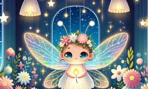Dans une chambre magique, une luciole nommée Lulu, avec un corps lumineux et des ailes délicates, regarde autour d'elle avec inquiétude. Ses yeux brillent d'une douce lueur, et elle est entourée de fleurs colorées scintillant dans l'obscurité. À côté d'elle, un nuage nommé Flocon, moelleux et blanc, flotte joyeusement, dégageant une lumière douce et réconfortante. La chambre, aux murs bleus nuit ornés d'étoiles en papier, est décorée de fleurs lumineuses et de feuilles vertes. Lulu, un peu effrayée par l'obscurité, se tient au centre de la pièce, tandis que Flocon illumine la chambre, dissipant les ombres. Ensemble, ils dansent dans la douce lumière, transformant la peur en magie.