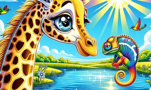 Une girafe majestueuse, Gisèle, se tient fièrement au bord d'un lac étincelant, son long cou doré s'élevant vers le ciel. Ses taches brillantes évoquent des pièces d'or, et ses grands yeux pétillent de curiosité. À ses côtés, un caméléon nommé Camilo, aux couleurs vives, grimpe sur sa tête, ses yeux ronds brillants d'émerveillement. Le lac bleu profond reflète le ciel ensoleillé et est entouré de fleurs aux pétales argentés scintillants. Des oiseaux colorés volent autour d'eux, ajoutant de la magie à la scène. Gisèle, avec un sourire radieux, s'apprête à parler au lac magique, dont la surface ondule doucement, comme si elle attendait un secret à révéler.