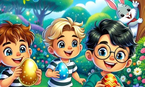 Dans un jardin magique, trois garçons chassent des œufs de Pâques. Léo, six ans, tient un œuf doré. À sa gauche, Max, également six ans, admire un œuf bleu découvert sous un buisson. À droite, Hugo, avec un t-shirt rayé, pointe un œuf rouge caché dans un arbre. Le jardin est coloré avec des fleurs et des arbres brillants, tandis que des lapins sautent joyeusement autour d'eux. Les garçons rient et cherchent avec enthousiasme les œufs cachés, encouragés par un lapin souriant.