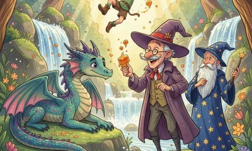 Gaston, vieil homme joyeux à moustache enroulée, lunettes rondes et chapeau trop grand, tend un caramel brillant au dragon en souriant; Gaspard, sorcier d’environ 60 ans à la longue barbe blanche et robe étoilée, se tient derrière à droite, baguette levée, air bienveillant; Loulou, petit lutin roux d’environ 8 ans aux oreilles pointues, virevolte au-dessus en riant; Drax, grand dragon aux écailles multicolores et yeux doux, allongé près d’une cascade scintillante sur des pierres moussus, incline la tête pour prendre le caramel; scène chaleureuse et colorée à la cascade des merveilles, fleurs lumineuses et rayons de soleil, étincelles de magie flottantes.