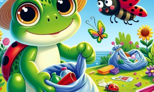 Lila, une petite grenouille verte avec de grands yeux et un sourire joyeux, trie des déchets dans un jardin ensoleillé. Elle porte un chapeau de paille et tient un morceau de plastique. À ses côtés, une coccinelle rouge admire son travail, prête à aider, tandis qu'un papillon aux ailes multicolores vole autour d'eux. Le jardin est rempli de fleurs éclatantes et de verdure, sous un ciel bleu. Lila et ses amis insectes nettoient le jardin pour le rendre plus beau et propre.