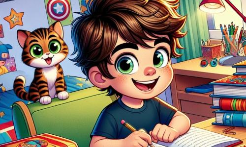 Un garçon de 8 ans, Lucas, avec des cheveux bruns en bataille et des yeux curieux, est assis à son bureau en bois, entouré de livres et de crayons colorés. Il sourit, montrant son excitation. À côté de lui, son chat Pompom, un tigré aux yeux verts, se tient sur le bureau avec une expression malicieuse. La scène se déroule dans la chambre de Lucas, décorée de posters de super-héros et de jouets éparpillés, avec une lumière douce filtrant à travers la fenêtre. Lucas et Pompom préparent une aventure amusante, tandis qu'une pile de chaussettes colorées est prête pour un concours hilarant.