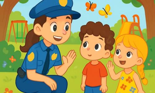 Capitaine Zoé, une policière souriante d’une trentaine d’années, porte une casquette bleue et un uniforme éclatant. Elle a les cheveux bruns en queue de cheval et parle à deux enfants. Sami, 8 ans, avec des cheveux bouclés et un t-shirt rouge, l'écoute avec espoir. Léa, 7 ans, avec des cheveux blonds tressés et une robe à fleurs, lève la main pour poser une question. La scène se déroule dans le parc Joyeux, un lieu verdoyant avec des arbres et des fleurs. Zoé écoute attentivement Sami et Léa, qui lui expliquent que leurs vélos ont disparu, et s'apprête à mener l'enquête pour les retrouver.