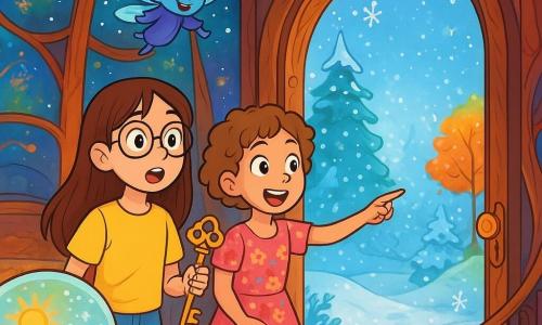 Il y a trois personnages : Lucie, une fille de 10 ans aux longs cheveux bruns et lunettes rondes, portant un t-shirt jaune et un jean bleu, tenant une clé mystérieuse. Zoé, également âgée de 10 ans, a des cheveux courts et bouclés châtain clair, vêtue d'une robe à fleurs et de baskets roses, pointe la porte en bois ancien à côté de Lucie. Minuit, une petite créature flottante de la taille d'un moineau avec des ailes translucides et un chapeau pointu, sourit joyeusement en volant au-dessus d'un globe lumineux entouré de flocons de neige. L'action se déroule dans un observatoire magique aux murs en verre et en bois torsadé, éclairé par des couleurs vives, avec un globe projetant des images de saisons changeantes. Lucie et Zoé, émerveillées, découvrent la porte en bois ancien qui s'ouvre sur un paysage féerique, avec Minuit, le gardien du temps, les guidant.