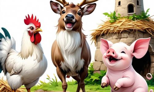 Rocco, un renne espiègle avec de grandes cornes et un sourire malicieux, danse joyeusement dans un château en paille. À ses côtés, Margot la poule, aux plumes blanches et dorées, bat des ailes en riant, tandis que Gaston le cochon, rose et rond, roule dans la boue en faisant des grimaces. La scène se déroule dans une ferme colorée, baignée par la lumière du soleil levant, entourée de fleurs éclatantes et d'arbres verdoyants. Des lapins curieux s'approchent de la fête, tandis que des étoiles scintillent dans le ciel. Rocco et ses amis préparent une grande fête, partageant rires et joie, entourés de légumes colorés, créant une ambiance festive et amicale.
