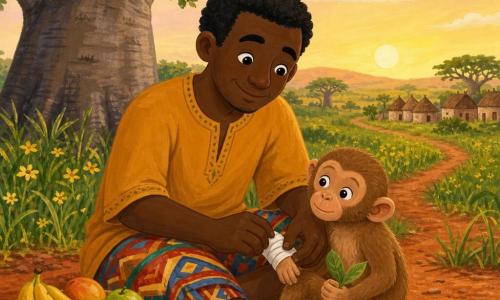 Samba, grand homme à la peau brune au sourire doux et regard bienveillant, assis par terre en tunique ocre et pagne coloré, panse délicatement la petite patte d’un singe juvénile brun clair roulé sur son genou gauche ; un baobab massif à gauche et la savane avec herbes hautes et fleurs jaunes en arrière-plan, un chemin rouge menant au village, ciel matinal rose et doré, lumière chaude et ombres douces ; panier de fruits à côté, ambiance sereine et chaleureuse, style acrylique enfantin aux couleurs vives et traits simples.