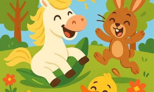 Mirabelle, un cheval blanc avec une crinière ondulée et des yeux joyeux, rit en glissant sur une feuille. Pipo, un petit lapin aux grandes oreilles et à la fourrure brune, saute joyeusement à côté d'elle, tirant la langue. Gaston, un canard aux plumes jaunes et au bec orange, roule sur le sol en faisant une grimace amusante. La scène se déroule dans une clairière ensoleillée, entourée d'arbres et de fleurs colorées. Les amis s'amusent ensemble, riant après une chute hilarante, jouant à une course rigolote.