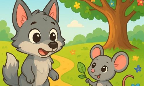 Un petit loup aux poils doux et soyeux, avec de grands yeux curieux, se tient dans une clairière ensoleillée, semblant excité et nerveux. À sa droite, une petite souris grise, souriante et malicieuse, l'encourage en tenant une feuille en forme de carte. Un arbre majestueux, couvert de fleurs colorées, crée un cadre enchanteur. La lumière du soleil filtre à travers les feuilles, projetant des ombres sur le sol en mousse verte. Le loup hésite entre plusieurs chemins d'aventure.