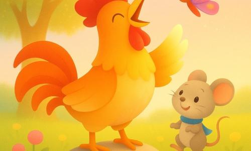 Un coq joyeux et fier, crête rouge brillante, plumage orange, jaune et blanc, perché sur une pierre, bec ouvert et aile levée; une petite souris Lili timide et souriante, pelage gris-beige et minuscule écharpe bleue, posée sur la pierre regardant le coq; un papillon Pipo aux ailes rose et violet ornées de taches lumineuses voletant au-dessus en léger flou; décor : pré vert parsemé de fleurs rondes roses et jaunes et grand arbre doré au feuillage scintillant, lumière douce de fin d'après-midi et ciel pastel; situation : les amis réunis sous l'arbre pour un moment de joie, composition centrée, expressions simples, couleurs chaudes, formes arrondies et contours nets, image rassurante pour les tout-petits.