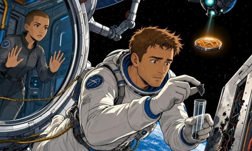 Léo, ~35 ans, visage doux et concentré, cheveux châtains courts, en combinaison spatiale blanche avec insignes bleus, flotte hors de la station attaché par un câble, inspecte un panneau endommagé et met un éclat sombre dans un tube transparent ; Yara, ~32 ans, cheveux ras, regard mêlé de malice et d'inquiétude, en combinaison grise, se tient derrière la baie vitrée du sas, mains sur la vitre, soutenant Léo ; un petit drone métallique sombre à lumière bleu-vert suspendu à trois mètres a largué un disque plat au motif effacé et à faible lueur orange ; la station Arcadie, anneau métallique brillant avec panneaux solaires, bras mécaniques et conduits visibles, intérieur métallique propre avec tuyaux colorés et étiquettes, vue partielle de la Terre bleue courbée en arrière-plan ; scène tendue en apesanteur, technique et émotionnelle, contrastes nets entre l'argent du métal et le bleu profond de la Terre.