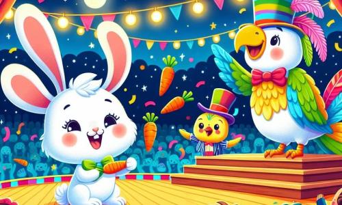 Un petit lapin blanc nommé Benjamin, avec de grandes oreilles et une fourrure douce, jongle avec des carottes colorées sur scène, souriant joyeusement. À ses côtés, Monsieur Zazou, un grand oiseau en chapeau haut-de-forme, applaudit avec enthousiasme. Le décor est un cirque coloré, rempli de lumières scintillantes et de spectateurs émerveillés sur des bancs en bois. Benjamin réalise des pirouettes, faisant rire le public, tandis que des confettis tombent, ajoutant une touche festive à l’atmosphère joyeuse.