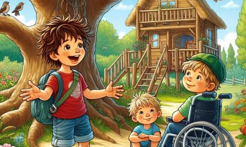 Trois garçons, Maxime, Lucas et Hugo, sont réunis sous un chêne dans un parc ensoleillé. Maxime, 10 ans, avec des cheveux bruns et un t-shirt rouge, raconte une histoire avec enthousiasme. Lucas, aussi âgé de 10 ans, a des cheveux blonds et une casquette verte, il est assis sur une branche, captivé par le récit. Hugo, 9 ans, est dans son fauteuil roulant à côté de l'arbre, souriant et admiratif. Le parc est verdoyant, avec des fleurs colorées et des oiseaux chantant. Une cabane en bois, rustique et accueillante, est construite dans l'arbre. Maxime raconte une histoire de fantômes, tandis que Lucas et Hugo l'écoutent attentivement. D'autres enfants, intrigués par l'idée d'une cabane hantée, s'approchent, créant une atmosphère d'excitation et de mystère.
