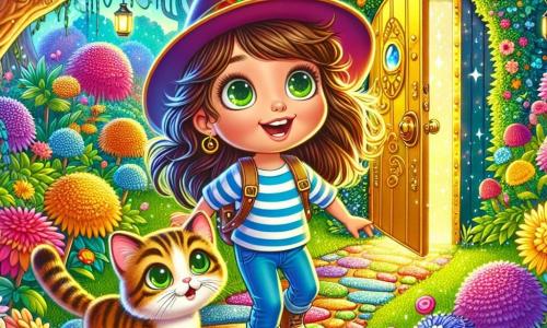 Une petite fille de 6 ans, Léa, avec de longs cheveux bruns et des yeux curieux, porte un chapeau d’aventurière et un t-shirt rayé. Elle se tient devant une porte dorée, son visage illuminé par l'excitation. À ses côtés, son chat Biscotte, un félin tigré aux yeux verts, observe la porte magique. Le jardin est coloré avec des fleurs éclatantes, des arbres majestueux et un sentier de cailloux multicolores. Léa est prête à franchir la porte dorée pour découvrir un monde fantastique, tandis que Biscotte s'approche doucement, intrigué.