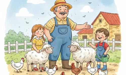 Un homme d’environ 55 ans, moustachu, visage rond, en salopette en jean et chapeau de paille, souriant et montrant des poules ; une fille de 7 ans (Léa), cheveux châtain clair en deux nattes, robe jaune à pois blancs, caressant un mouton blanc (Flocon ou Nuage) à gauche ; un garçon de 7 ans (Tom), cheveux bruns courts, t‑shirt rouge et salopette courte, riant et tenant un petit arrosoir vert à droite ; plusieurs poules blanches et marron picorant devant et deux moutons laineux près de la fille ; décor : potager coloré avec rangs de carottes et tomates, enclos en bois clair et ferme en pierres jaunes au toit rouge, ciel bleu pâle avec quelques nuages ; ambiance joyeuse de découverte, composition centrée, couleurs vives et traits à l’encre visibles.