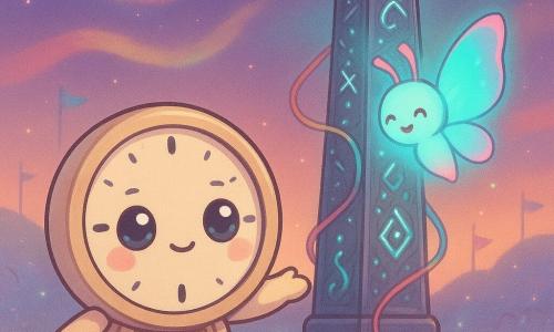 Tic-Tac, petite horloge anthropomorphe au visage rond et aux grands yeux timides et émerveillés, en métal crème poli avec engrenages dorés, avance en faisant tic-tac et tend la main vers un grand étendard ; Lumina, étincelle flottante en forme de papillon de lumière cyan et rose néon au sourire joyeux, virevolte quelques centimètres au‑dessus de sa tête ; l’étendard, haute antenne métallique sculptée de runes argentées aux lumières turquoise et fils colorés brillants, domine une plaine magnétique d’herbes argentées sous un ciel crépusculaire aux auréoles colorées, petites antennes et drapeaux étincelants et reflets prismatiques au sol ; scène centrée montrant la découverte du symbole gravé sur l’étendard, ambiance douce et magique, palette pastel lumineuse, textures lisses, expression d’émerveillement et de complicité.