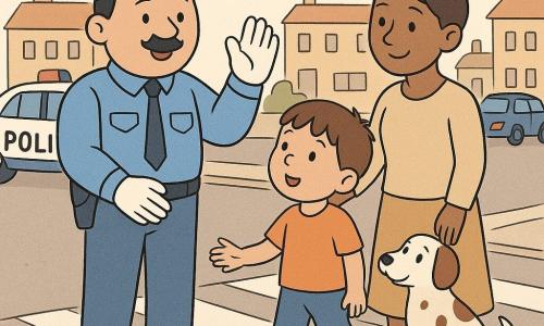 Un policier souriant et bienveillant en uniforme bleu clair lève la main pour arrêter la circulation sur un grand passage piéton pavé de la place du village afin de faire traverser en sécurité Lucas, un garçon d’environ 5 ans tenant sa main, accompagné de sa maman d’environ 30 ans, coiffée en chignon, une petite chienne tachetée retrouvée assise près d’une dame reconnaissante en retrait, une voiture de police blanche et bleue et deux voitures arrêtées à côté, bâtiments bas en arrière-plan, ambiance lumineuse matinale et expressions calmes et rassurantes.