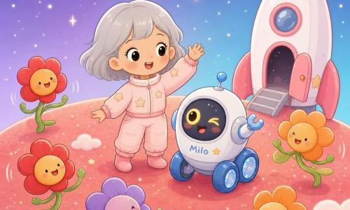 Une femme nommée Luna, cheveux courts argentés, souriante dans une veste spatiale rose pâle brodée d'étoiles, tend la main en regardant autour d'elle ; à côté, le petit robot Milo, non humain et rigolo, aux roues bleues brillantes et à un grand œil jaune lumineux, clignote joyeusement près d'une fusée blanche et rose garée en arrière-plan avec sa porte entrouverte ; des fleurs dansantes aux têtes rondes colorées (rouge, orange, violet) aux petits visages heureux tournent en cercle sur une petite planète ronde au sol moelleux rouge doux orné de motifs nuageux et grains scintillants, sous un ciel dégradé violet-bleu étoilé ; ambiance calme, chaleureuse et magique, couleurs pastel, formes arrondies et traits simples.