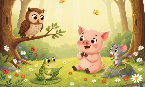 Pipo, un petit cochon rose pâle aux joues rondes et au nez retroussé, sourit et applaudit assis dans l'herbe; à ses côtés sur une pierre mousseuse, Mimi la souris grise aux grandes oreilles tient une petite fleur et écoute; au centre, une grenouille verte tachetée de jaune joue d'une feuille assise sur un nénuphar au bord d'un ruisseau clair, tandis que Sagesse le hibou brun, perché sur une branche à gauche, observe la scène; la clairière lumineuse, entourée d'arbres aux troncs noueux, est couverte d'herbe brillante, de pâquerettes, coquelicots et petites fleurs violettes, avec des papillons jaunes, créant une ambiance chaleureuse, ludique et lisible pour un enfant de six ans.