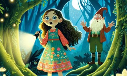 Au cœur d'une forêt mystérieuse, Clarisse, une petite fille de 10 ans aux longs cheveux dorés et à la robe légère aux couleurs vives, tient une lampe de poche qui éclaire son chemin. À ses côtés, un gnome âgé d'environ 50 ans, vêtu d'une tunique verte, l'observe avec bienveillance. La forêt dense, avec des arbres noueux et des feuilles vert éclatant, est parsemée de fleurs luminescentes. Clarisse et le gnome se tiennent devant un ancien cimetière, entouré d'une brume légère, où des pierres tombales recouvertes de mousse se dressent et où apparaît au loin une silhouette éthérée d'une jeune fille en robe blanche, créant une ambiance à la fois effrayante et fascinante.