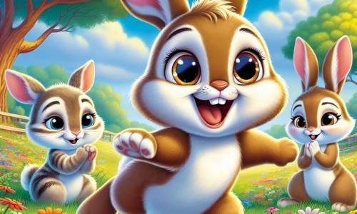 Milo, un jeune lapin au pelage brun, exprime une grande joie en bondissant, entouré de fleurs colorées. À sa droite, Léo, un petit lapin avec une tache blanche sur le museau, montre de la fierté en exécutant des sauts gracieux. À gauche, Lia, une lapine aux rayures délicates, applaudit avec émerveillement en regardant son frère. Le décor se situe dans une prairie ensoleillée, avec des fleurs multicolores et des chênes majestueux, sous un ciel bleu. L'image illustre la célébration de l'amitié et de l'acceptation dans leur communauté.