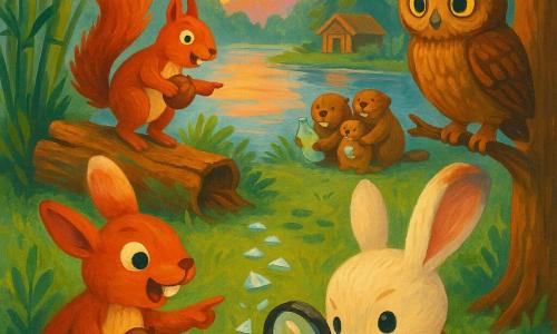 Un petit lapin enquêteur au pelage crème et manteau rouge, penché avec une loupe sur un éclat de verre scintillant, une jeune chouette brune perchée à droite, attentive, et un écureuil roux sur un tronc à gauche, tenant une noisette et montrant un sentier de morceaux brillants ; au fond, une famille de castors au bord d’un lac miroir au coucher du soleil ramasse des objets perdus près d’un dojo en bois, dans une clairière de bambous et de pins, ambiance chaleureuse aux touches dorées et textures d’acrylique.