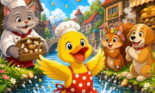 Canard jovial au plumage jaune et bec orange, portant un tablier à pois et une petite toque de boulanger, battant des ailes et éclaboussant une rivière ensoleillée; à gauche, un vieux chat cuisinier moustachu tient une boîte de champignons en souriant; à droite, un écureuil avec guirlande de fleurs et un chien tranquille applaudissent; arrière-plan : petite ville charmante aux maisons en bois à toits rouges et une boulangerie fumante, arbres verts et ciel bleu; scène lumineuse et animée (éclaboussures, miettes, rayons de soleil), style manga enfantin, contours nets, couleurs saturées, textures douces, perspective dynamique centrée sur le canard.