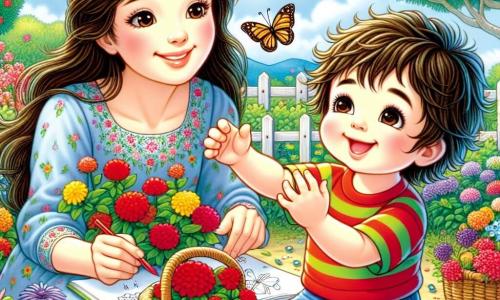 Un petit garçon de 2 ans, Léo, avec des cheveux bruns en désordre et des yeux pétillants, est assis dans un jardin coloré, entouré de fleurs éclatantes. Il sourit en tenant un panier rempli de fleurs rouges et jaunes, levant les bras pour attraper un papillon. Sa maman, une femme d'environ 30 ans avec de longs cheveux châtains, se tient à ses côtés, dessinant un papillon sur un carnet. Le jardin est rempli de fleurs colorées, d'arbres verts et d'un ciel bleu avec des nuages blancs, tandis que des papillons volent autour. Léo joue dans le jardin, cherchant des fleurs et riant, émerveillé par le printemps.