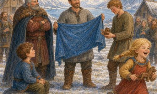Einar, souriant et attentif, tient un grand étendard bleu déroulé au centre d'un Thing viking sur une plaine gelée au bord d'un fjord; à sa gauche le Jarl d'âge mûr aux cheveux gris et cape lourde, sérieux mais apaisé, mains croisées; légèrement à droite un jeune homme honteux, prêt à rendre un objet, regard baissé mais soulagé; au premier plan à droite une fillette de six ans en tresse blonde riant et courant avec un jouet en bois, à gauche un garçon d'environ sept ans assis sur une pierre, émerveillé par l'étendard; autour, maisons en bois, rochers, feu de camp éteint, montagnes enneigées et eau calme sous un ciel pâle; atmosphère de réconciliation, visages passant de la colère à l'apaisement, gestes de réparation, personnages aux teintes chaudes sur un paysage aux tons froids.