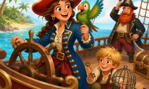 La scène montre la capitaine pirate Zoé, joyeuse et déterminée, cheveux bruns en tresse sous un grand chapeau rouge, manteau bleu à boutons dorés, debout sur la proue du bateau tenant la barre; son perroquet Jules, petit oiseau vert au bec orange, est perché sur son épaule droite. Le jeune mousse Marco, une dizaine d'années, sourit malicieusement près d'une cage ouverte en tenant une clé en bois; le capitaine Barbe-Rouge, à la barbe rouge flamboyante, se tient en retrait, surpris mais conciliant. Le bateau en bois aux voiles rouges montre cordages, coffre au trésor partiellement visible et éclaboussures d'eau; en arrière-plan, une île tropicale de sable jaune et palmiers sous un ciel bleu clair. Atmosphère lumineuse et chaleureuse de célébration pour la libération, équipage heureux.