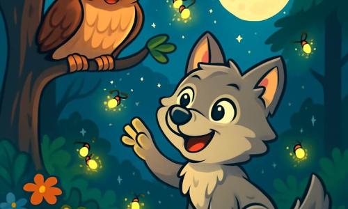 Dans une clairière enchantée, un jeune loup nommé Léo, avec un pelage gris et des yeux curieux, observe des lucioles qui dansent autour de lui, montrant qu'il a surmonté sa peur du noir. À proximité, Monsieur Hibou, un grand hibou marron aux yeux sages, se tient sur une branche, souriant et encourageant Léo. La clairière est éclairée par la lune, entourée d'arbres majestueux et de fleurs colorées. Léo, fasciné par les lucioles, tend une patte pour les toucher, tandis que Monsieur Hibou l'observe avec bienveillance, créant une atmosphère de découverte.