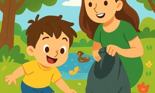 Léo, un petit garçon de 2 ans aux cheveux bruns en bataille et aux yeux curieux, sourit en ramassant des papiers au sol. Il porte un t-shirt jaune et un short bleu, fier de son action. À ses côtés, sa maman, une femme d'environ 30 ans aux cheveux châtains en robe verte, l'encourage avec un sourire tout en tenant un sac pour les déchets. La scène se déroule dans une réserve naturelle, entourée de grands arbres et de fleurs colorées, avec un étang où nagent des canards. Léo et sa maman nettoient la nature pour protéger l'environnement, sous des rayons de soleil filtrant à travers les branches.