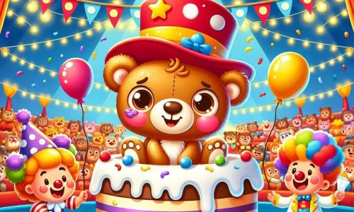 Un petit ours brun nommé Boubou, portant un grand chapeau rouge à pois blancs, se tient au centre d'un chapiteau de cirque. Il sourit joyeusement, couvert de crème de gâteau. À côté de lui, un clown joyeux rit en essuyant la crème sur son visage, tandis qu'un jeune magicien admiratif se tient en arrière, les bras croisés. Le chapiteau est coloré, avec des rayures rouges et jaunes, des lumières scintillantes et des ballons flottants. Des spectateurs rient et applaudissent. Boubou trébuche joyeusement dans un énorme gâteau à la crème, entouré de confettis, créant une ambiance festive.